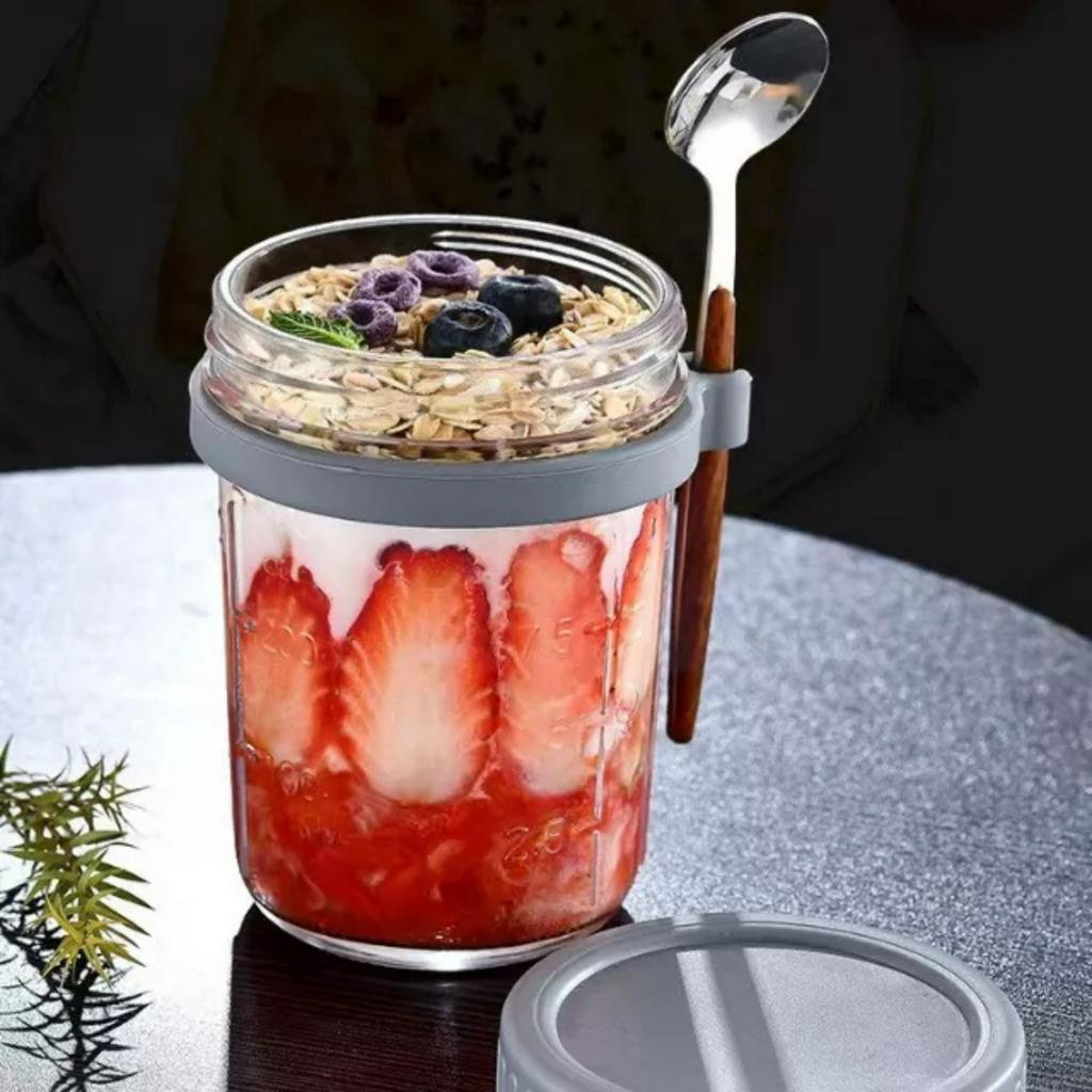 Hộp hũ lọ thủy tinh đựng ngũ cốc gia vị mứt có nắp có vạch chia kèm muỗng thìa inox cán gỗ