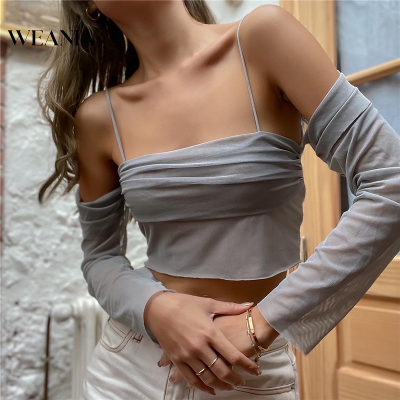 Áo Crop Top Tay Dài Trễ Vai Phối Lưới Y0429