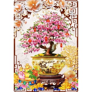 TRANH DÁN TƯỜNG 3D CHẬU BONSAI CÂY ĐÀO 526BS - TRANH CHẬU HOA CHƯNG TẾT