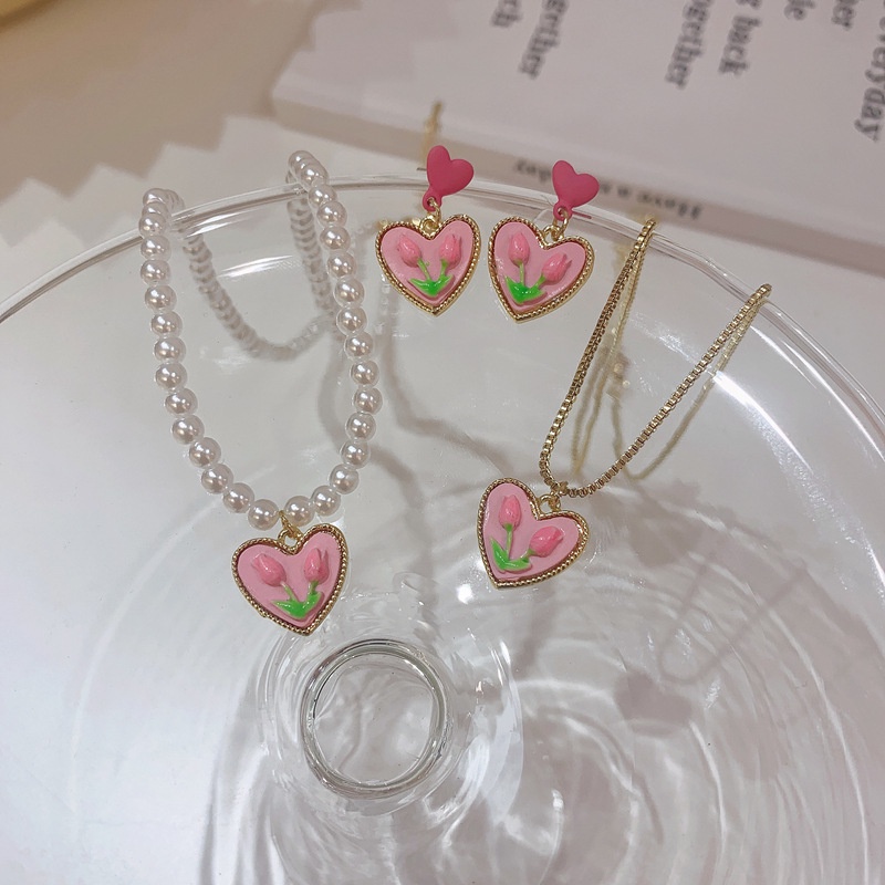 Vòng cổ Hình Hoa Tulip Hồng Đính Ngọc Trai Nhân Tạo Xinh Xắn Cho Nữ