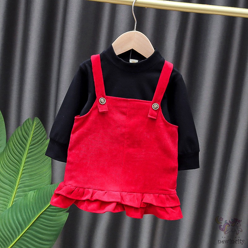 Set Áo Thun Tay Dài &amp; Đầm Yếm Màu Trơn Đáng Yêu Cho Bé Gái