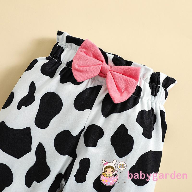 Bộ Áo Liền Quần Tay Dài Cổ Tròn Nhún Bèo In Họa Tiết Bò Sữa + Quần Lưng Thun Xinh Xắn Dành Cho Bé Gái 0-18 Tháng Tuổi
