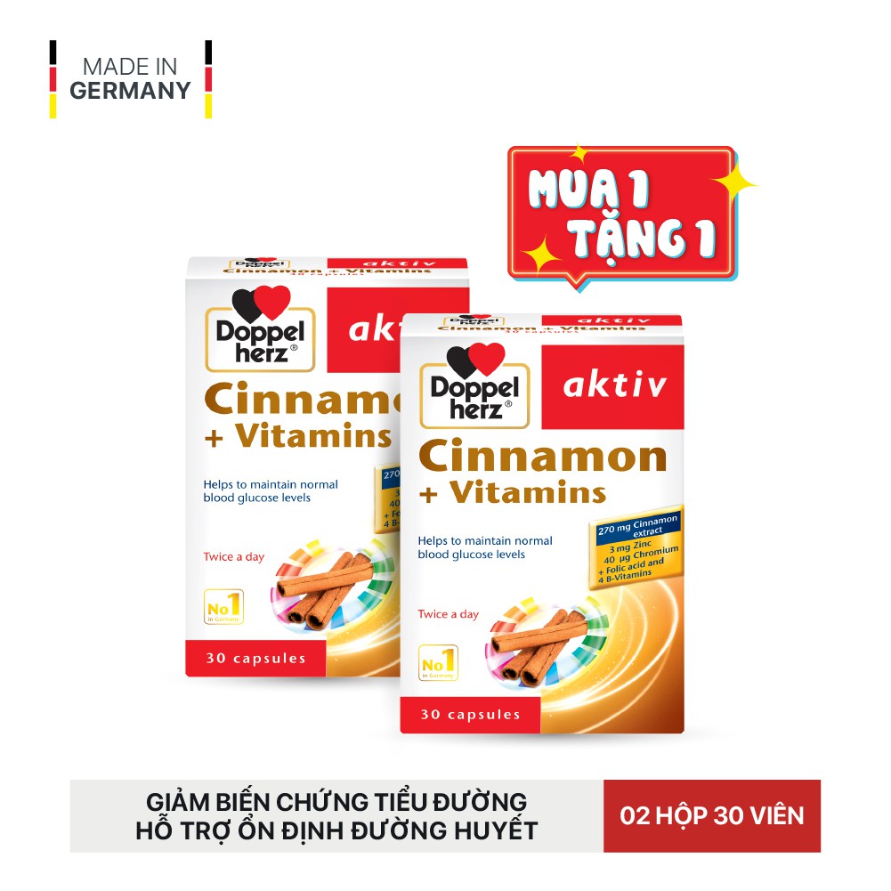 [TPCN_Mua 1 tặng 1 - DATE 10/2021] Hộp Viên uống giảm biến chứng tiểu đường Doppelherz Aktiv Cinnamon + Vitamins