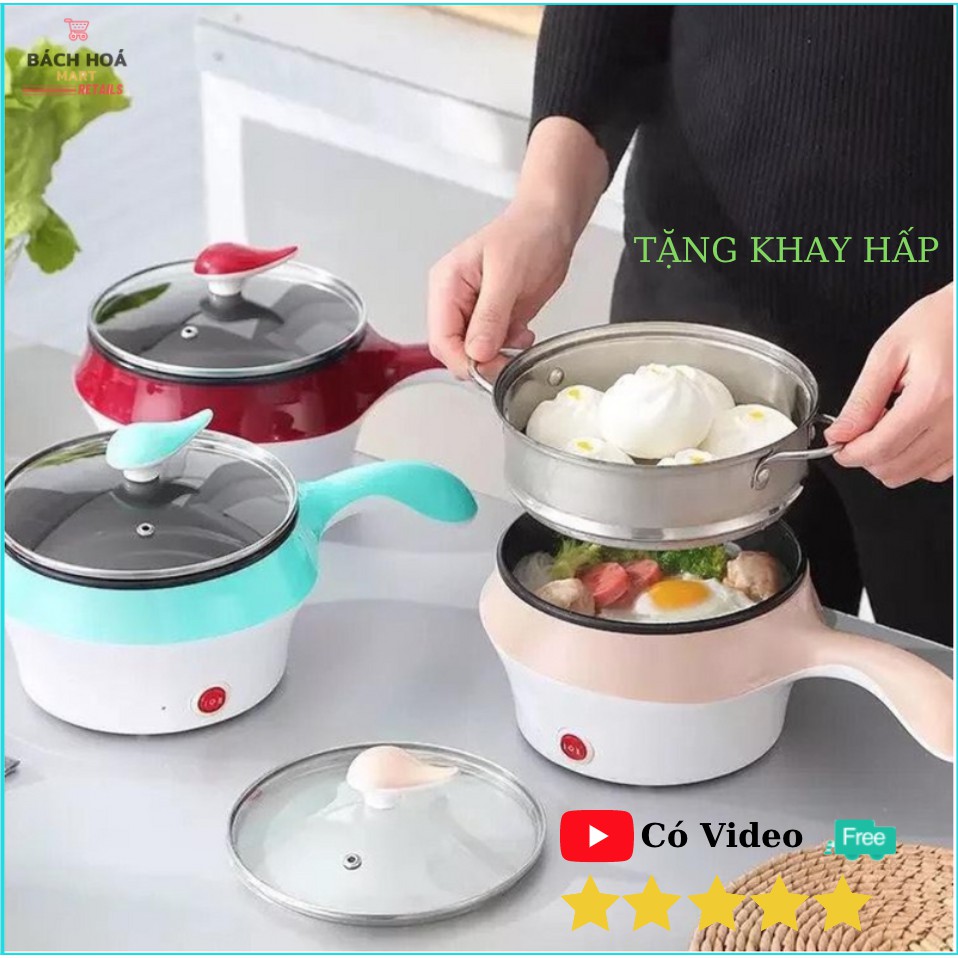 [Tặng Khay Hấp] Nồi Nấu Mini Đa Năng 2 Tầng Nấu Mì, Nấu Lẩu, Chiên, Xào, Hấp, Nấu Cháo Chống Dính