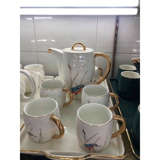 BỘ ẤM CHÉN PHA TRÀ CÀ PHÊ KÈM KHAY, BỘ CỐC CHÉN PHA TRÀ CAFE KÈM KHAY VIỀN MAU VÀNG CAO CẤP