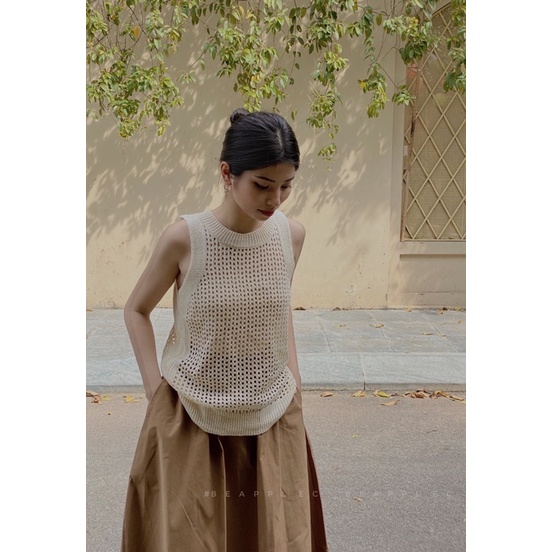 Áo đan móc lưới màu begie siêu xinh  chất liệu mềm nhẹ dễ mix match korea
