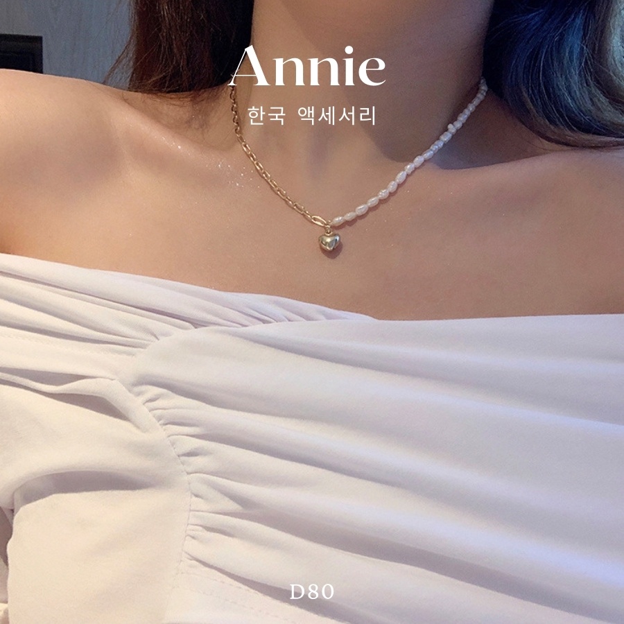 Vòng cổ dây chuyền ngọc trai nhân tạo phối tim vàng cá tính thời trang ANNIE - D80