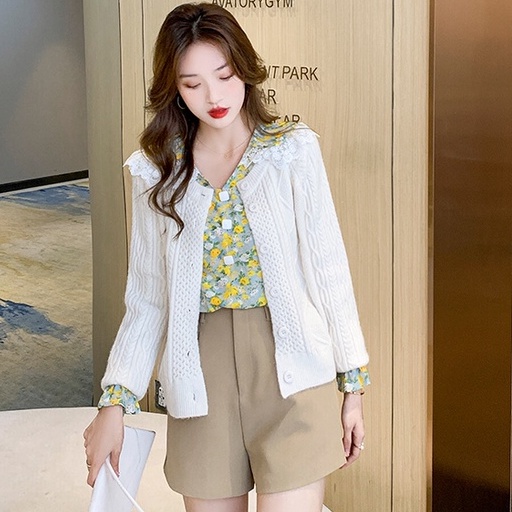 Áo chiffon dáng rộng tay dài họa tiết hoa thời trang dịu dàng cho nữ viền ren cổ