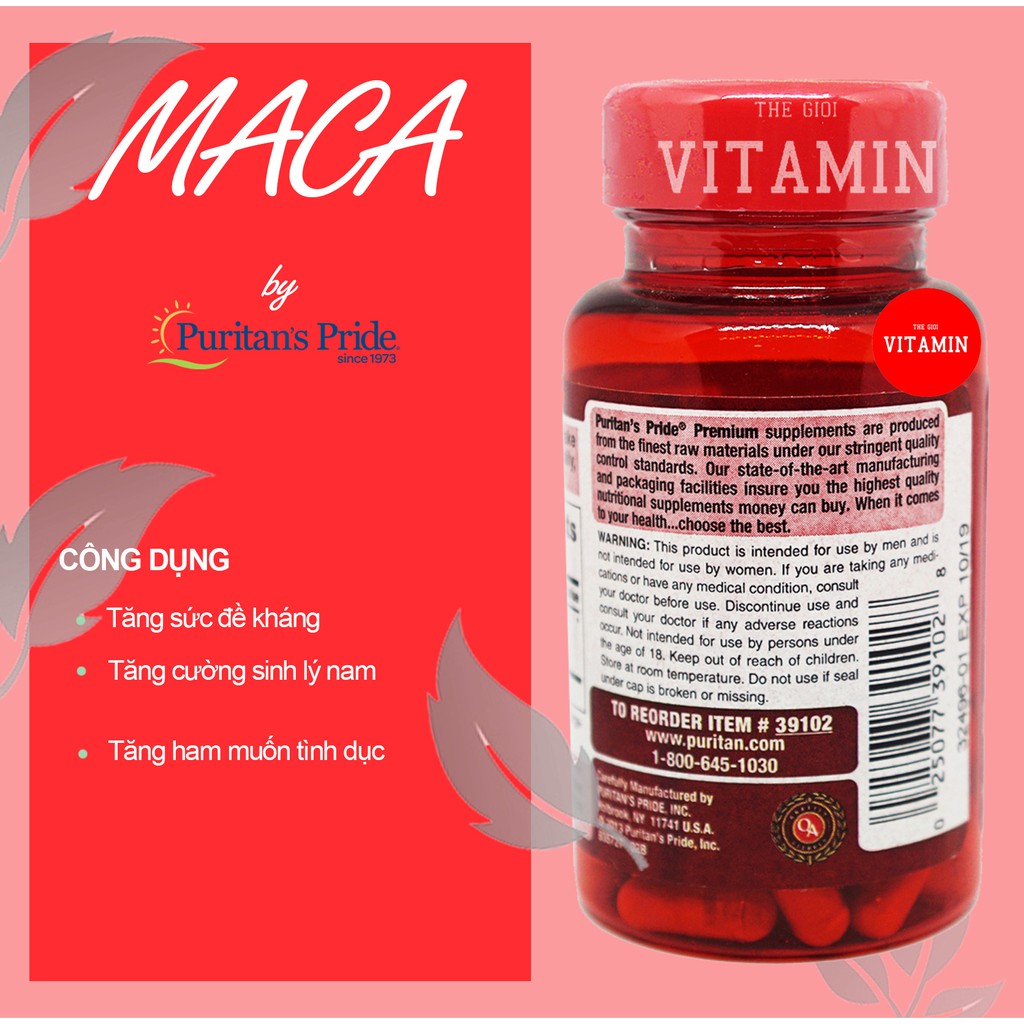 Viên uống tăng cường sinh lực nam Puritan's Pride Maca 500mg ,1000mg 60 viên của Mỹ