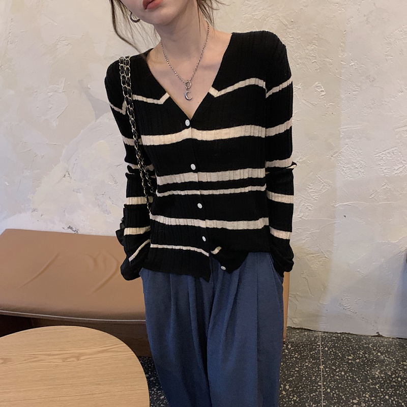 Áo Cardigan Dệt Kim Mỏng Tay Dài Kẻ Sọc Đơn Giản Thời Trang Hàn Quốc Cho Nữ