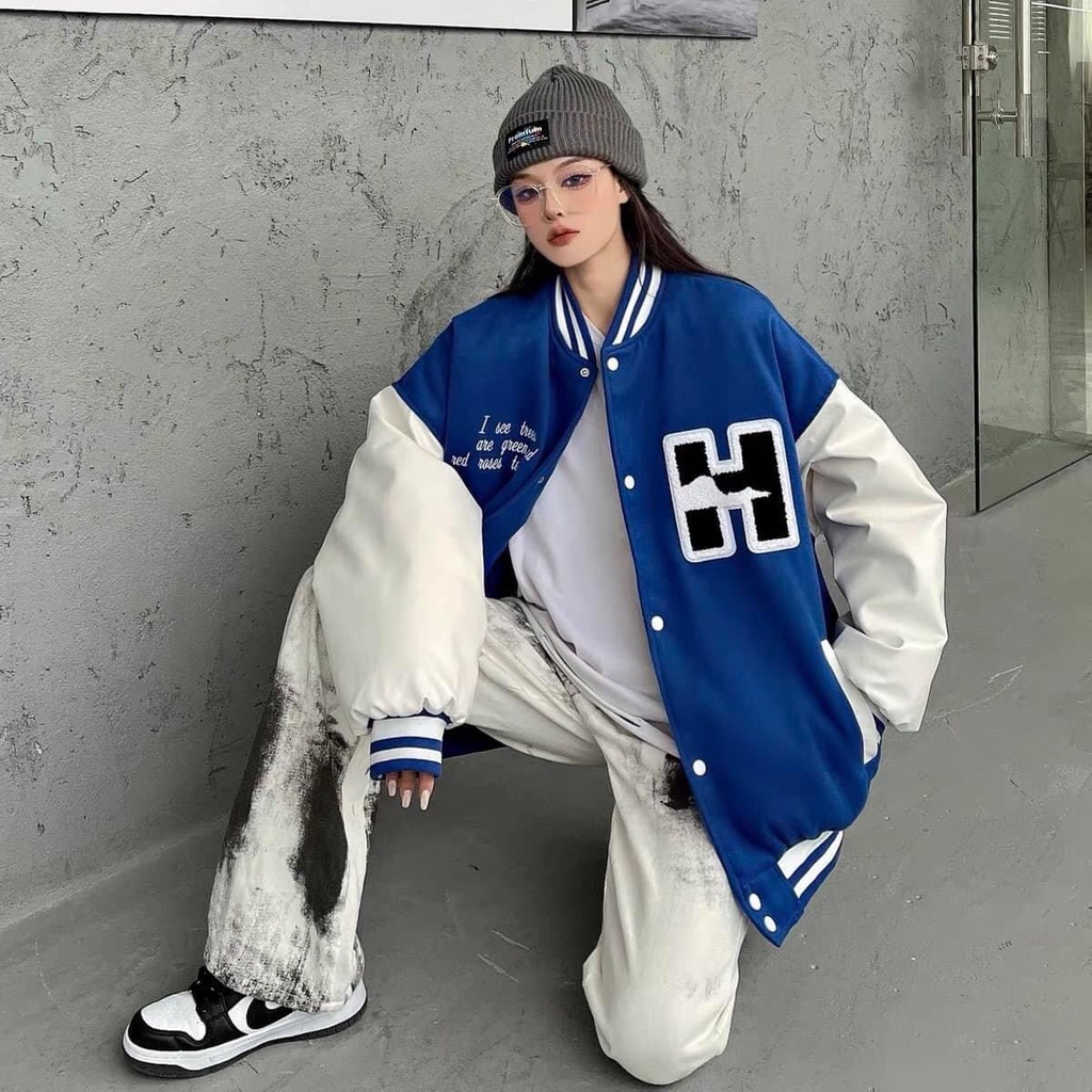 Áo Bomber chữ H form rộng tay bồng dày dặn  Áo khoác xanh cúc bấm phong cách Hàn Quốc 22020