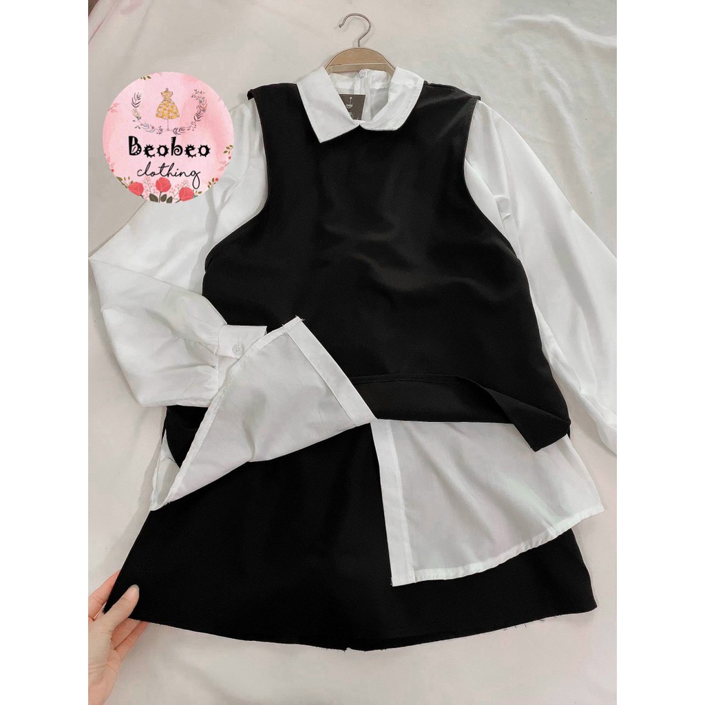 Set áo sơ mi trắng phối áo gile kèm chân váy chữ A ulzzang