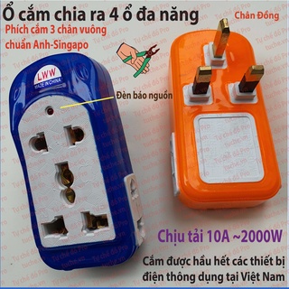 Phích cắm 3 chân vuông chia 4 ổ cắm Đa Năng, phích cắm chuyển đổi Anh-Singapo