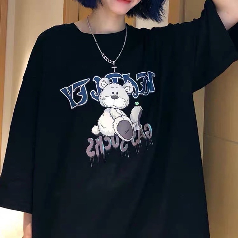 Áo thun tay lỡ nam nữ, áo phông unisex form rộng chất cotton in hình gấu be