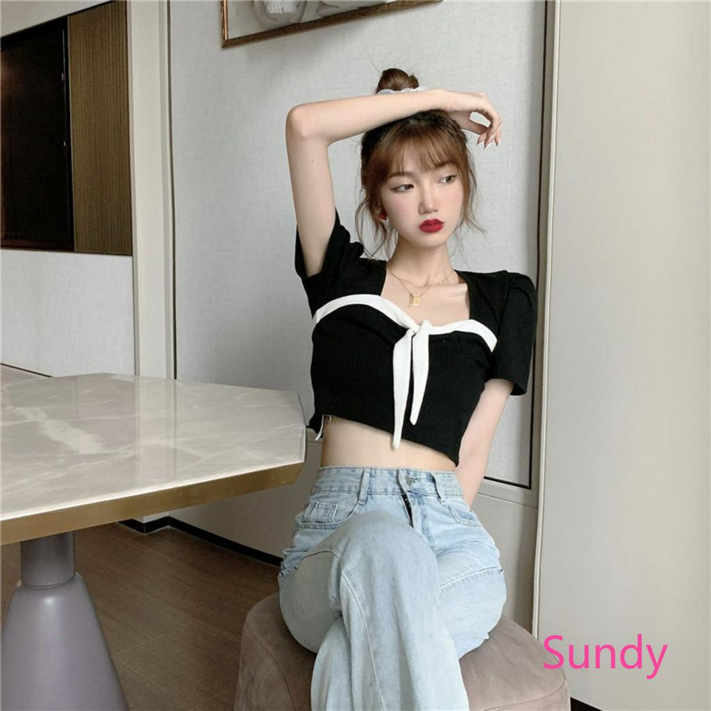 Áo Croptop Tay NGắn Phối Màu Tương Phản Năng Động Cho Nữ