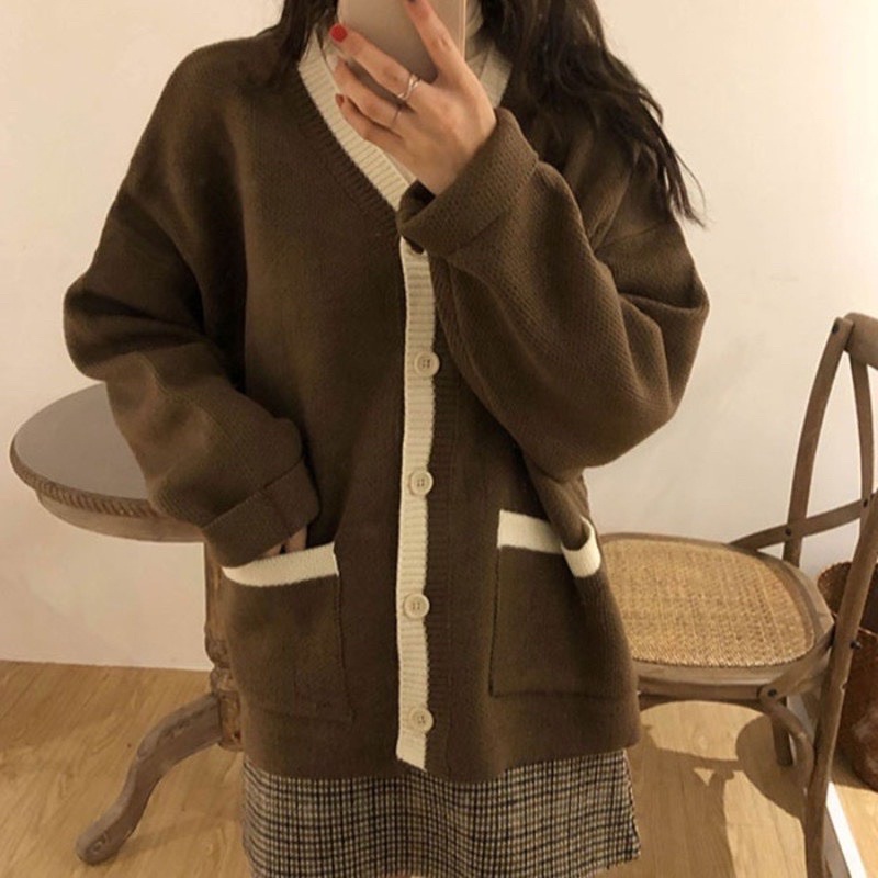Áo len cardigan viền 2 túi siêu xinh from rộng - hàng có sẵn