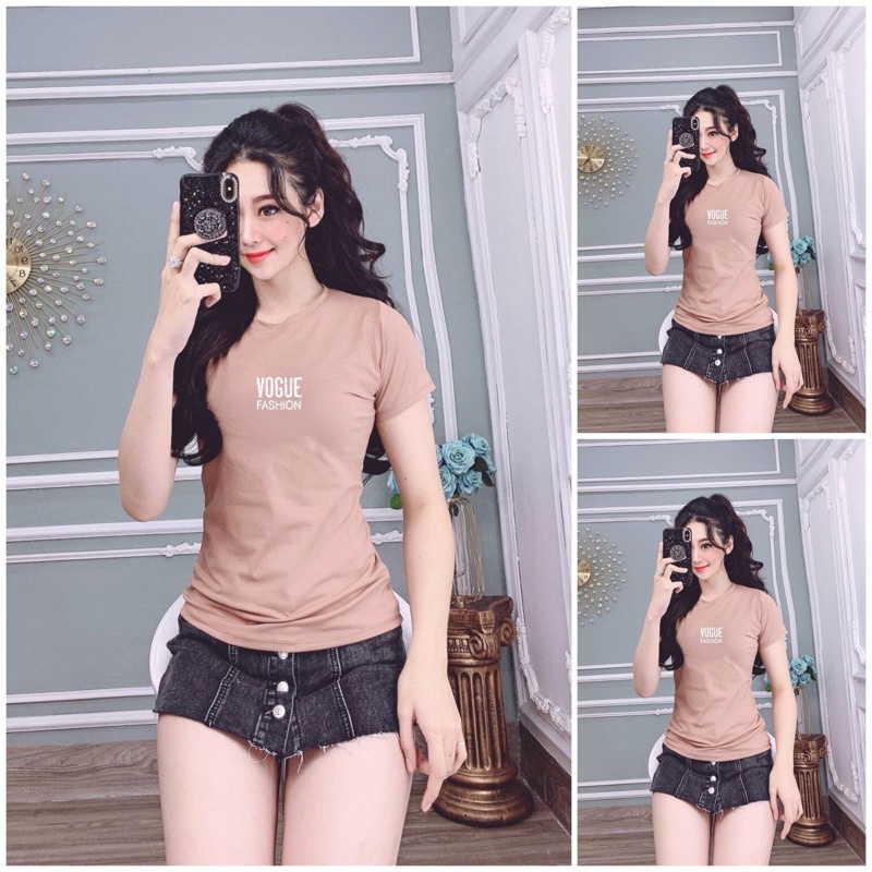 Áo thun nữ cổ tròn thêu chữ Vogue cực xinh form ôm body ( ANU012 )