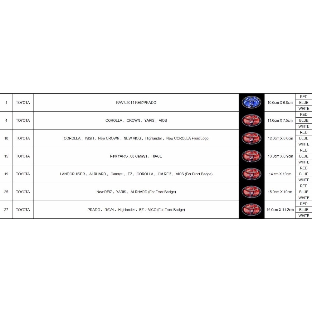 Logo Toyota có đèn LED 5D trắng/đỏ/xanh dương dán sau lưng xe hơi