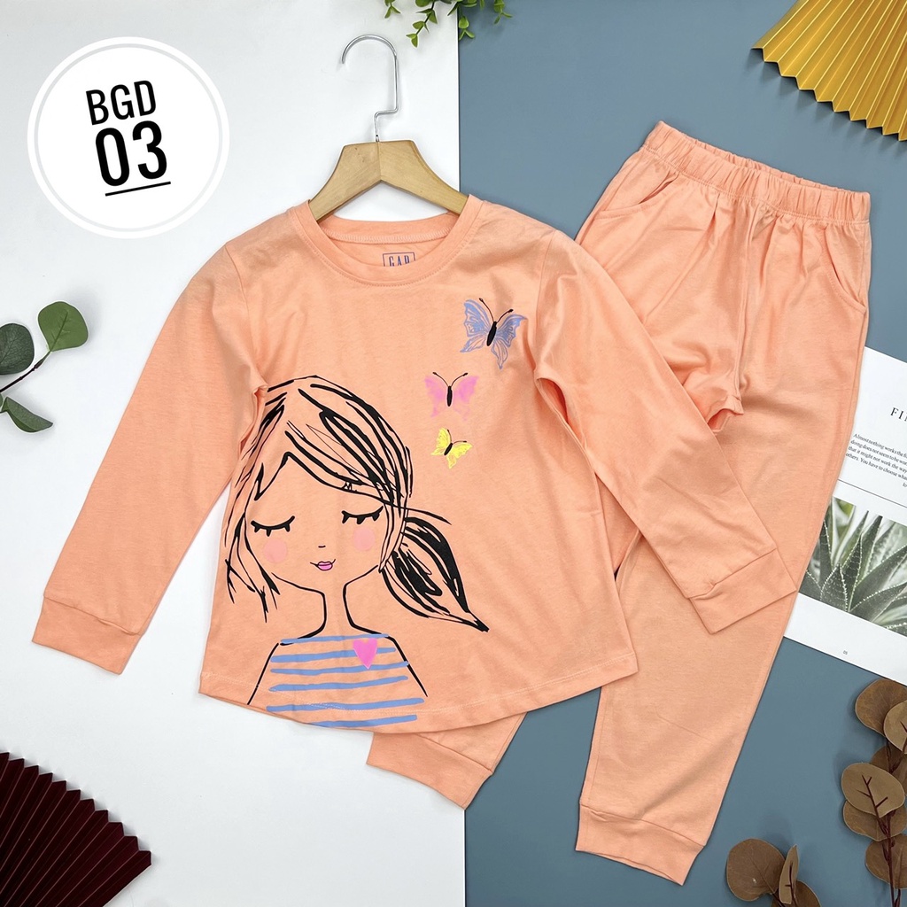 Bộ cotton G.A.P vải dư dài tay bé gái 8-16y (24-50kg). Chất cotton mềm mát, thấm hút mồ hôi, co giãn tốt