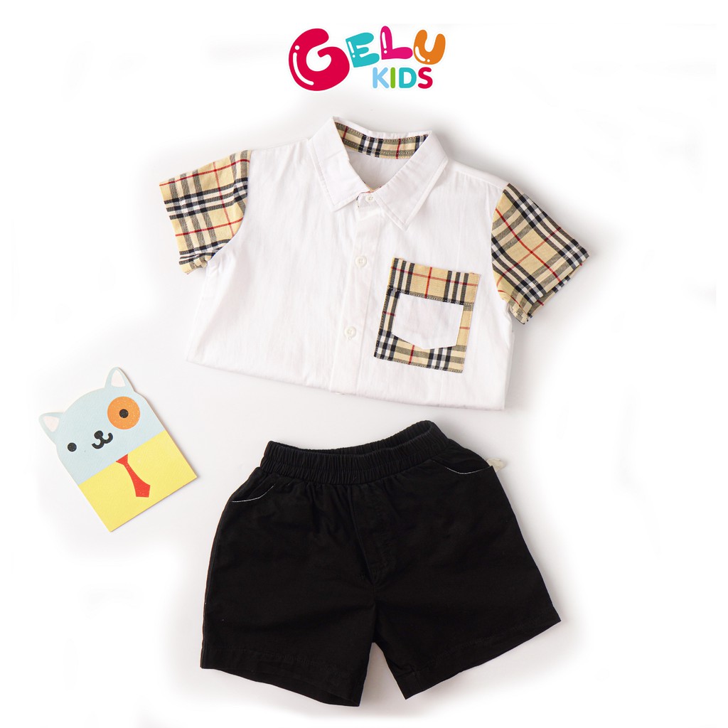 Quần áo bé trai, Set sơ mi kẻ ngắn tay mix quần đùi kaki GELU phong cách Hàn Quốc - GLQA05