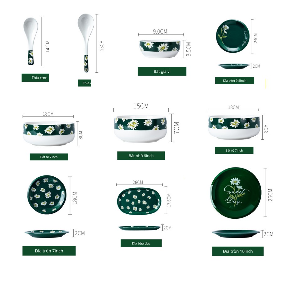Chén dĩa , bát đĩa ăn sứ , muỗng thìa họa tiết xinh xắn Holame