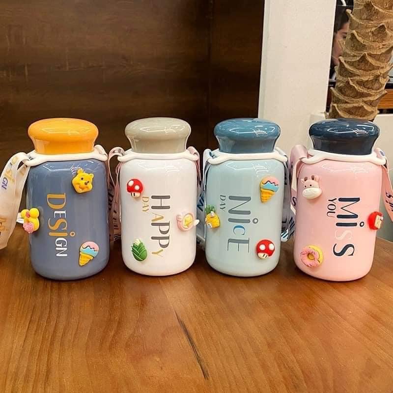 Bình đựng nước giữ nhiệt Bear, có quay xách dung tích 230 ml, bình đựng nước giữ nhiệt cute có dây đeo