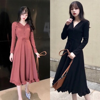 Váy len xuông xoè cổ tim rút eo đuôi cá