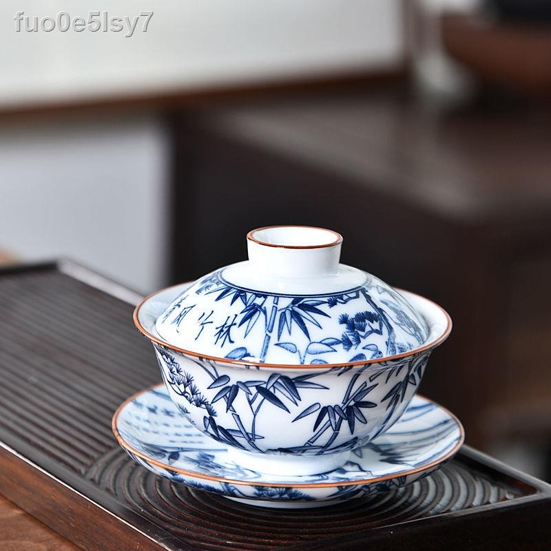 Ưu đãi đặc biệt có nắp đậy tô sứ Bát trà Sancai chén cực lớn gốm trắng Kung Fu Bộ xanh