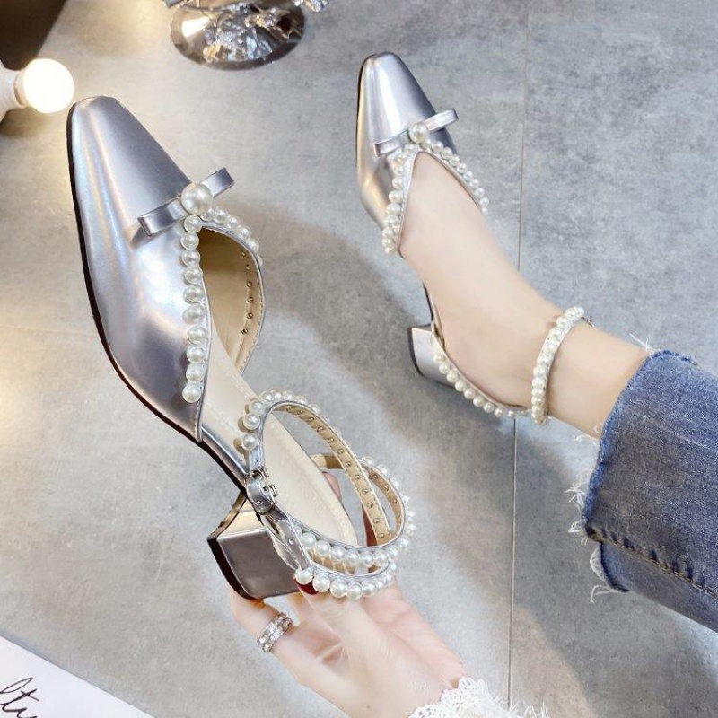 French Style Girl Bow Pearl Toe Box Shoes Women's Heel Chunky Heel Vintage Mary Jane Shoes2021Years of the New Sandals