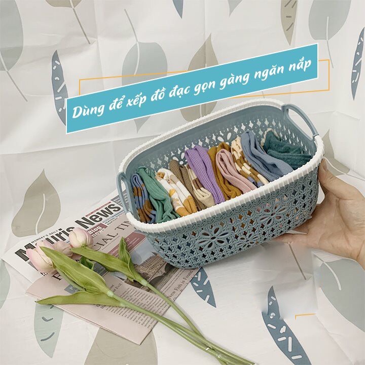 Rổ nhựa giả đan mây có quai cầm Việt Nhật, giỏ hoa 2 size màu pastel xinh xắn TTS 3377