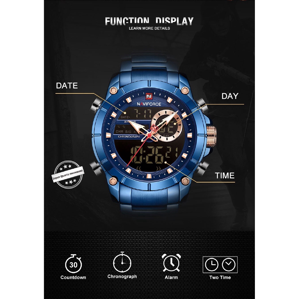 NAVIFORCE NF9163 Men Sport Fashion Stainless Steel Band Analog Digital Watch