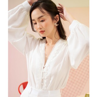 Des fleurs - áo kiểu viền ren lily of the valley lace trim v-neck blouse