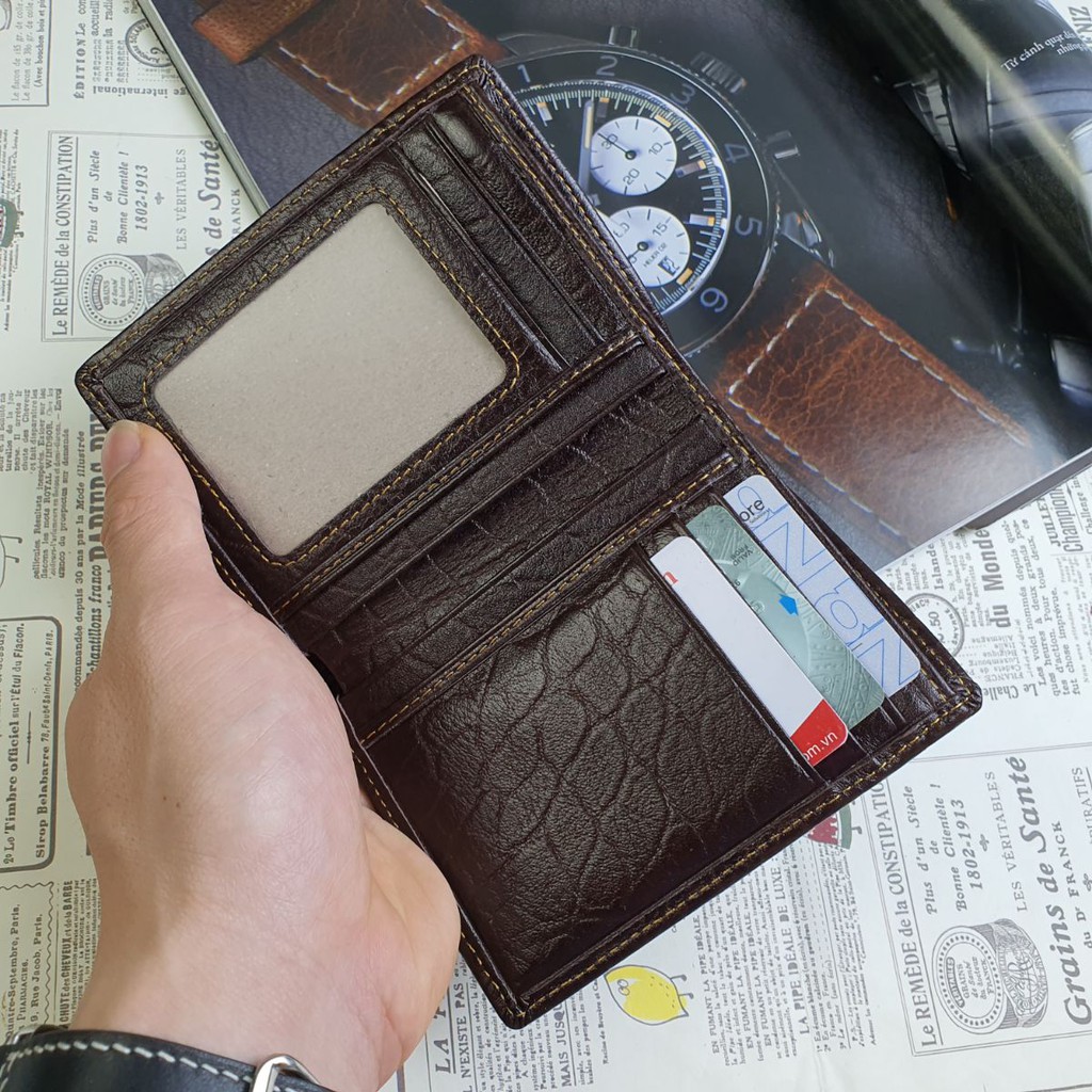 Ví đứng da bò thật 100% vân voi WS114  - BH 3 năm
