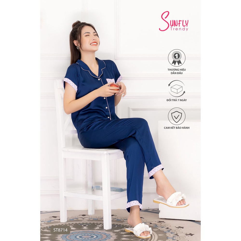 ST8714 Bộ đồ mặc nhà nữ SUNFLY pijamas lụa SUNFLY áo cộc tay, quần dài..