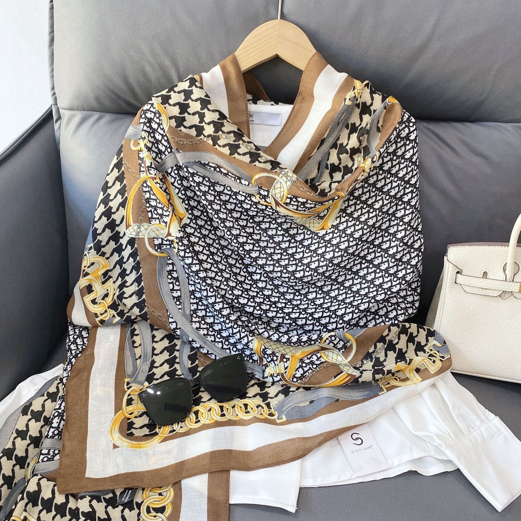 Khăn Choàng Lụa Cotton Lanh Chống Nắng Phối Dây Xích Phong Cách Âu Mỹ Thời Trang Cho Nữ Giao Hàng 24H