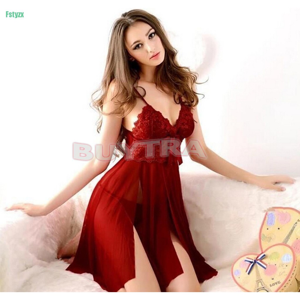 fstyzx Sexy babydoll lingerie claret-red Luxury embroidery dress sleepwear pajamas robe