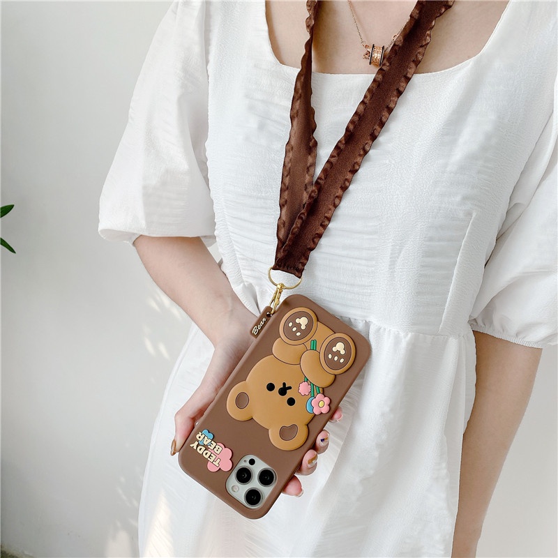 Ốp điện thoại silicon hình chú chó /gấu 3D có dây đeo thích hợp cho iPhone 13 12 11 PRO MAX X XR XS 6 6S 7 8 PLUS