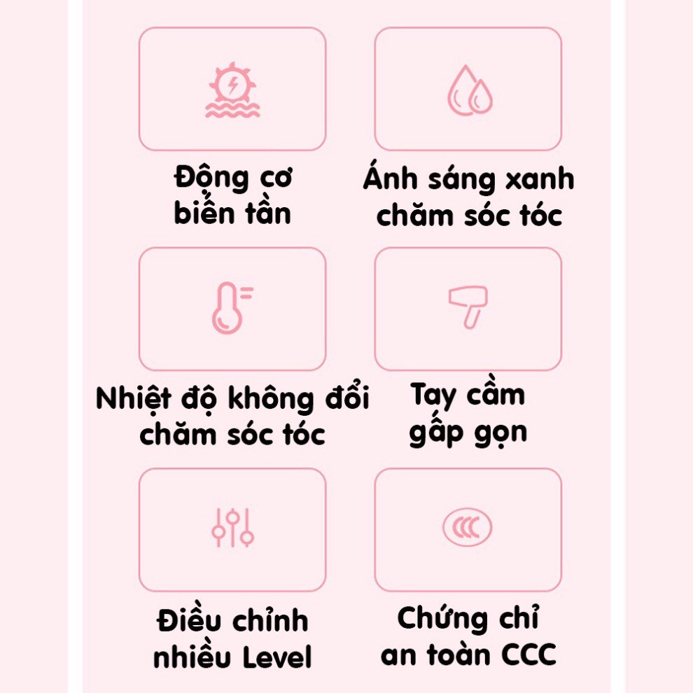 Máy sấy tóc mini công suất lớn tạo kiểu tóc chuyên nghiệp có ánh sáng xanh dưỡng tóc mượt tay cầm gấp gọn Pink Wish