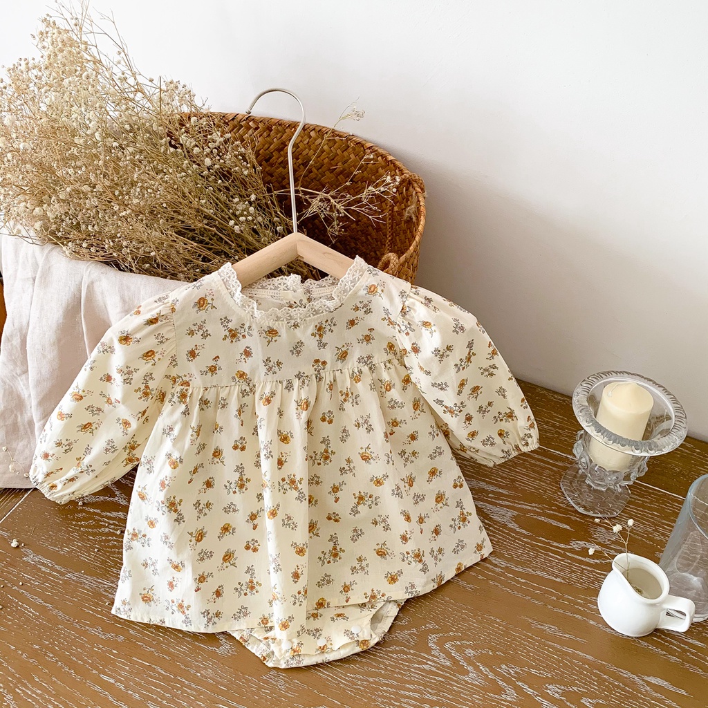 Bộ Áo Liền Quần Tay Dài Bằng Vải Cotton In Hoa Màu Be Thời Trang Mùa Thu Cho Bé Gái 0-2 Tuổi