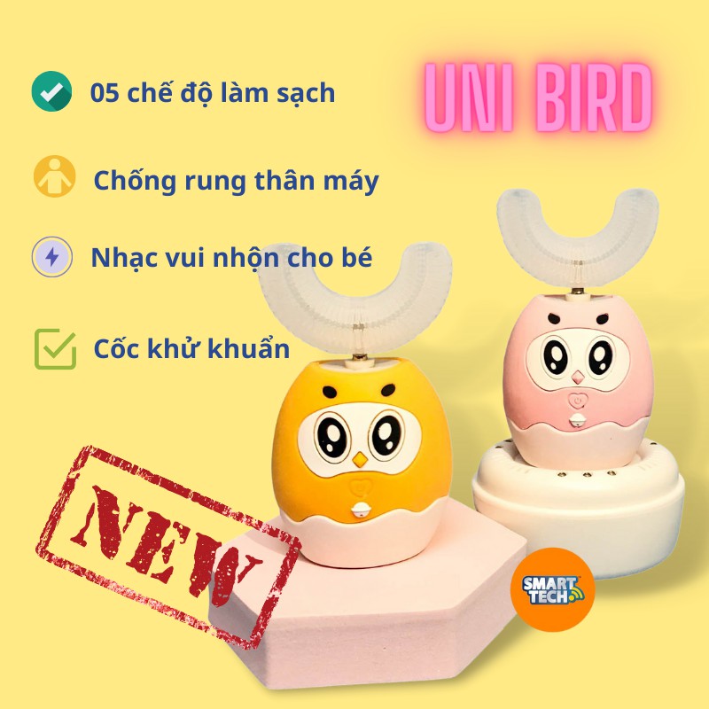 Bàn chải điện đánh răng cho bé UniBird, Bàn chải chữ U silicon cao cấp cho bé từ 2 -9 tuổi, có nhạc có cốc khử khuẩn