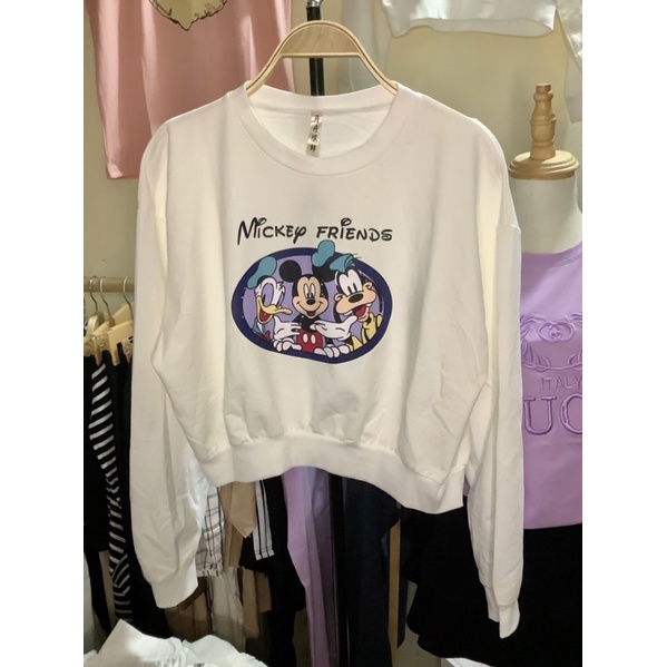 Phông new croptop dài tay Mickey Frends trắng size dưới 55kg