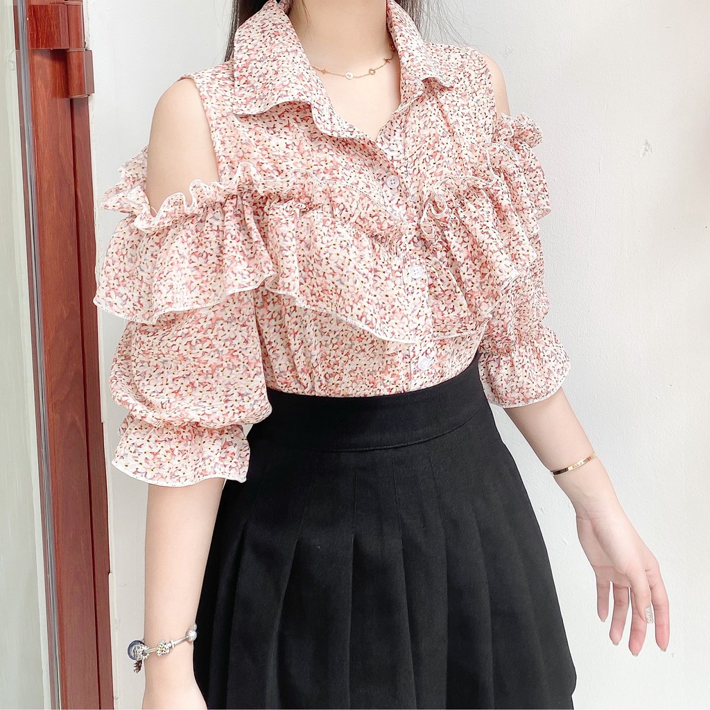ÁO SƠ MI NỮ HỞ VAI BÈO NHÚN (MS110)
