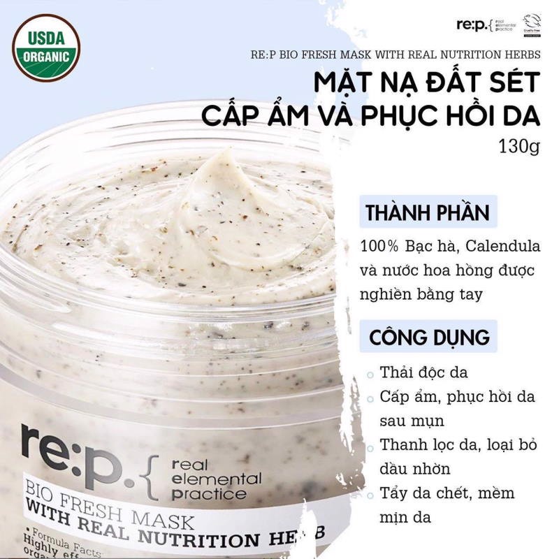 Mặt Nạ Đất Sét Hữu Cơ RE:P Bio Fresh Mask With Rep Real Herbs Cấp ẩm Và Phục Hồi Da, GIảm sưng viêm 130g