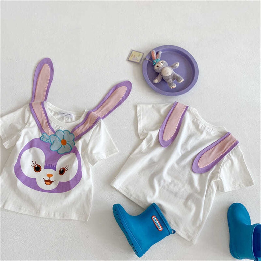 Áo Thun Tay Ngắn Đính Tai Thỏ Hoạt Hình Phong Cách Hàn Quốc Dễ Thương Cho Bạn Gái