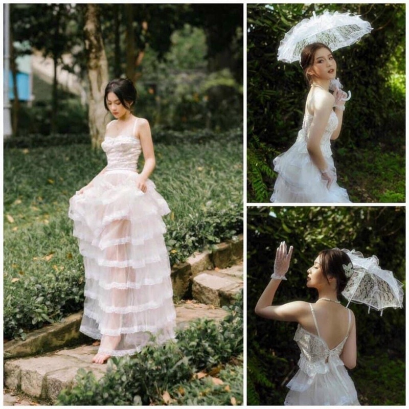 VIDEO THẬT🤍 Set công chúa: áo ren ống đan dây + chân váy maxi tầng xoè bồng  chuẩn hình