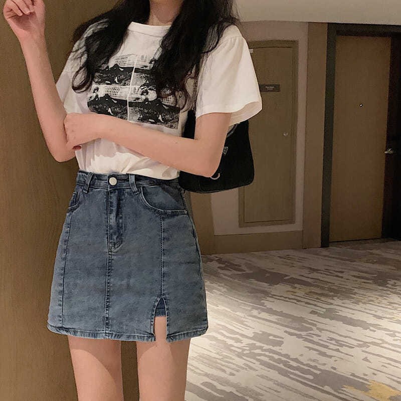 Chân váy jean SUXI dáng chữ A lưng cao xẻ tà thời trang mùa hè cho nữ