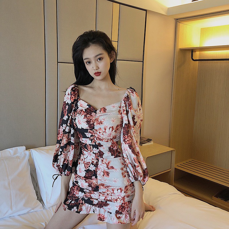 Đầm nữ hoa nhí nhúng tay dài dáng ôm Emilyshop