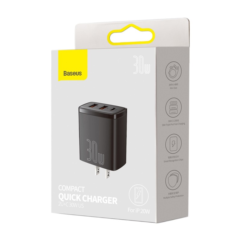 Củ Sạc Nhanh 3 Cổng 30W Baseus Siêu Nhỏ Gọn, Dùng Cho Iphone , Ipad ,  Samsung , Xiaomi . 2 USB + 1C Sạc nhanh PD3.0 QC3