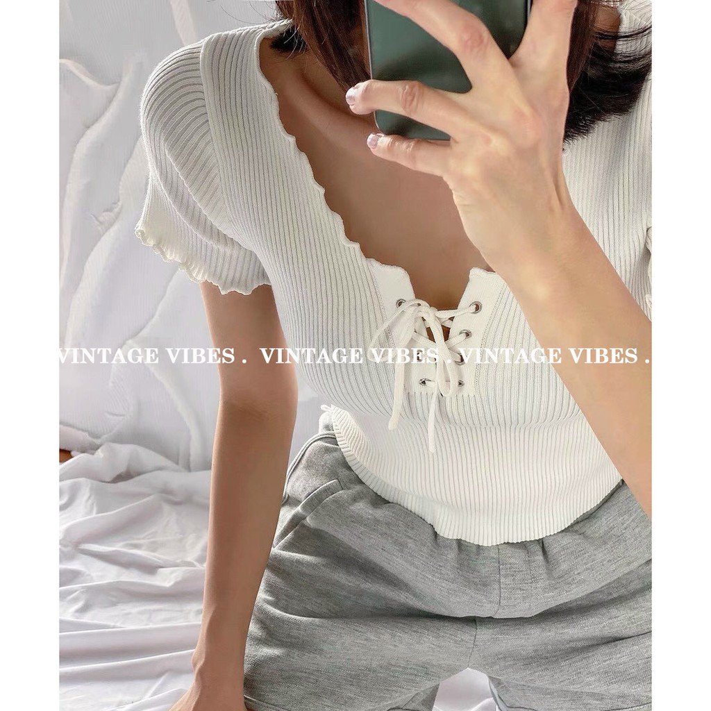 Áo babydoll len đan cổ xỏ dây xinh đẹp (hàng QC) - Ảnh thật cận chất