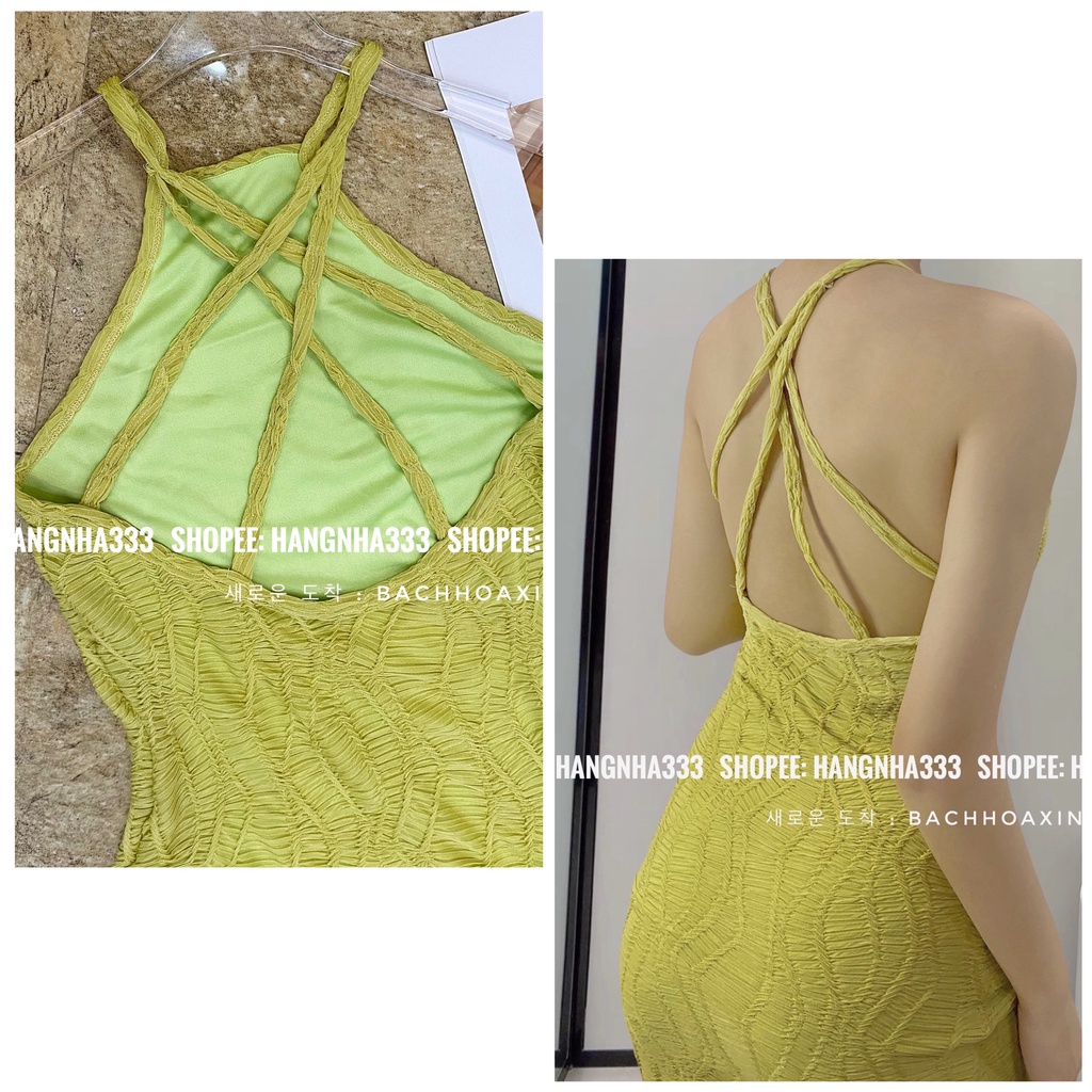NEW ARRIVAL || Đầm midi cổ yếm chất lưới Sheer dây đan lưng body thiết kế hở lưng họa tiết nổi Ulzzang